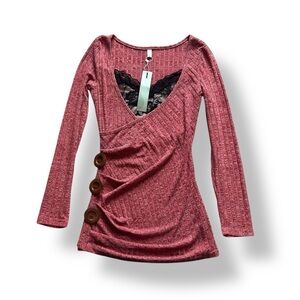 [DressFo] NWT Pink Button Top w Black Lace Detail